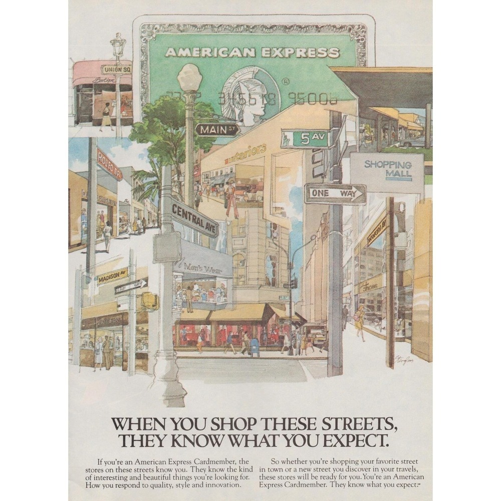 1982 American Express Vintage Print Ad 80s Shopping Mall Street Scene Decor
